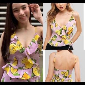 Zara lemon print ruffle shirt top